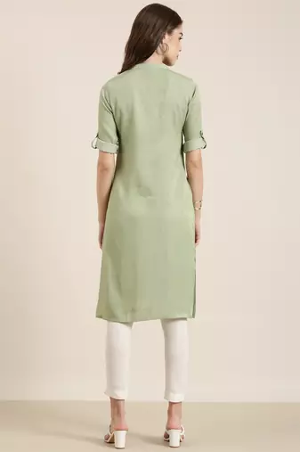 women's calf length mandarin collar olive solid straight kurta