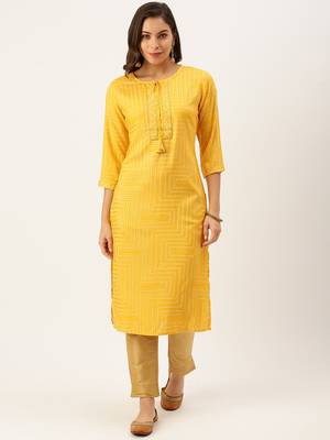 women's calf length round neck yellow bandhani straight kurta 2