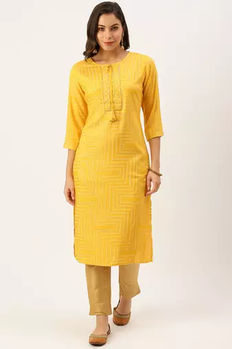 women's calf length round neck yellow bandhani straight kurta