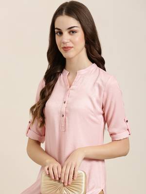 women's calf length mandarin collar pink solid straight kurta 2