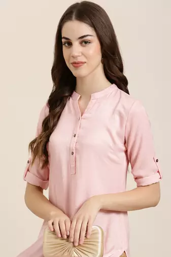 women's calf length mandarin collar pink solid straight kurta