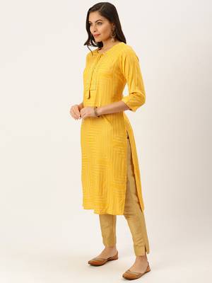 women's calf length round neck yellow bandhani straight kurta 3