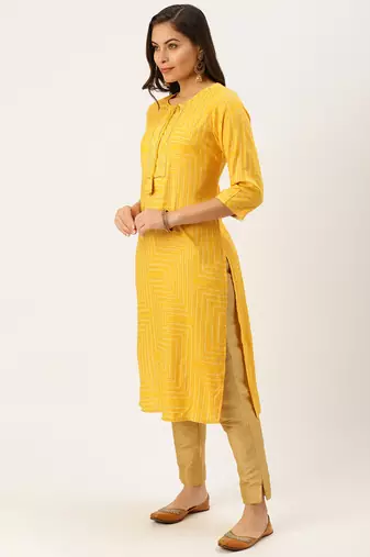 women's calf length round neck yellow bandhani straight kurta