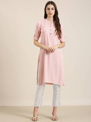 women's calf length mandarin collar pink solid straight kurta 1