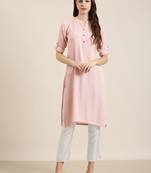 women's calf length mandarin collar pink solid straight kurta