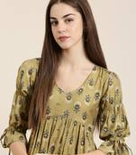women's calf length v-neck beige floral straight kurta