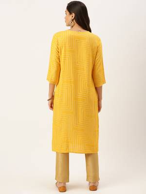 women's calf length round neck yellow bandhani straight kurta 4
