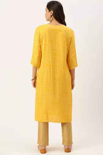 women's calf length round neck yellow bandhani straight kurta