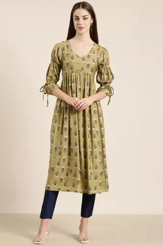 women's calf length v-neck beige floral straight kurta