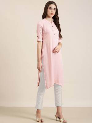 women's calf length mandarin collar pink solid straight kurta 4