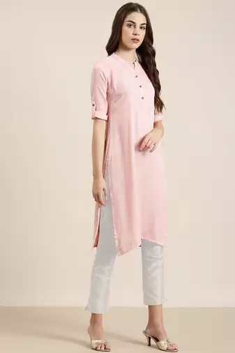 women's calf length mandarin collar pink solid straight kurta