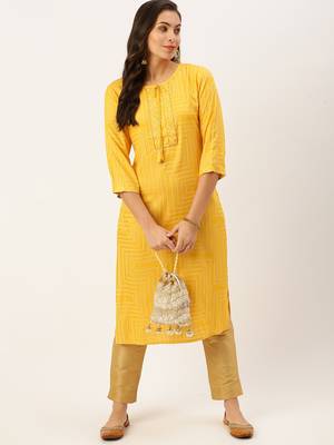 women's calf length round neck yellow bandhani straight kurta 5