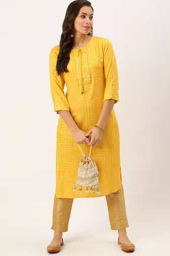 women's calf length round neck yellow bandhani straight kurta