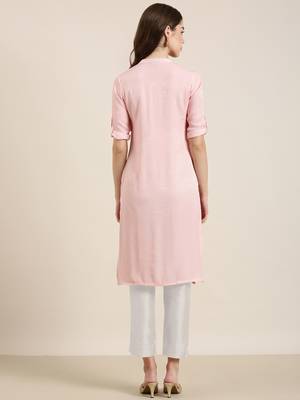 women's calf length mandarin collar pink solid straight kurta 5