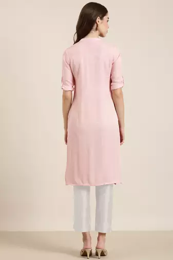 women's calf length mandarin collar pink solid straight kurta