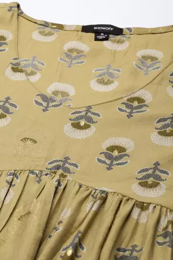 women's calf length v-neck beige floral straight kurta