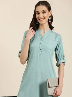 women's knee length mandarin collar turquoise blue solid straight kurta 2