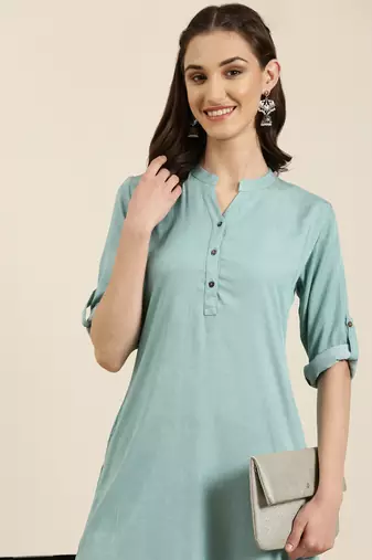women's knee length mandarin collar turquoise blue solid straight kurta