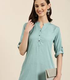 women's knee length mandarin collar turquoise blue solid straight kurta