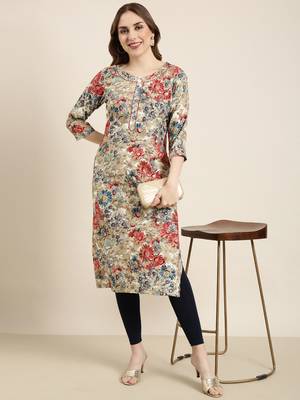 women's calf length round neck beige floral straight kurta 1
