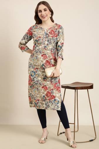 women's calf length round neck beige floral straight kurta