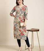 women's calf length round neck beige floral straight kurta