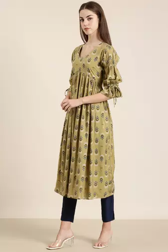 women's calf length v-neck beige floral straight kurta