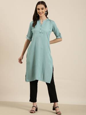 women's knee length mandarin collar turquoise blue solid straight kurta 1