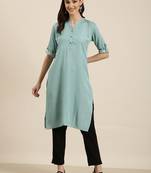 women's knee length mandarin collar turquoise blue solid straight kurta