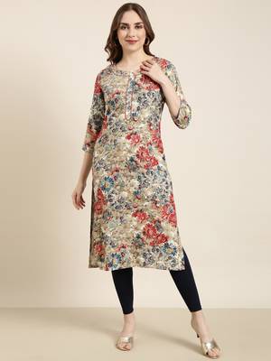 women's calf length round neck beige floral straight kurta 2