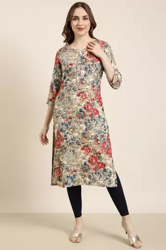 women's calf length round neck beige floral straight kurta