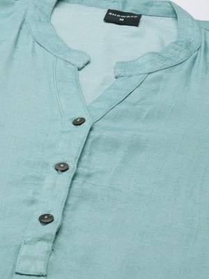 women's knee length mandarin collar turquoise blue solid straight kurta 3