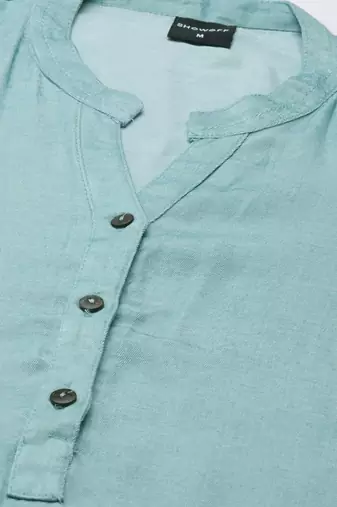 women's knee length mandarin collar turquoise blue solid straight kurta