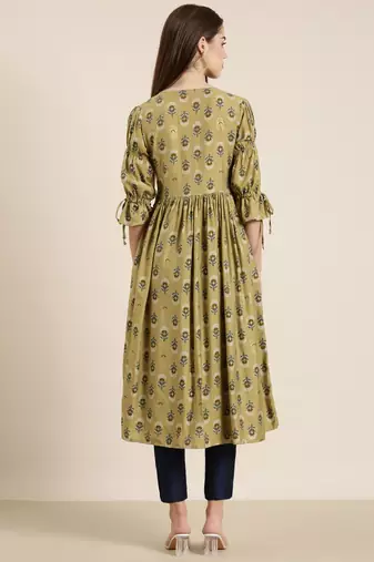 women's calf length v-neck beige floral straight kurta