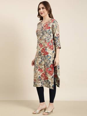 women's calf length round neck beige floral straight kurta 3