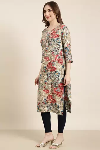 women's calf length round neck beige floral straight kurta