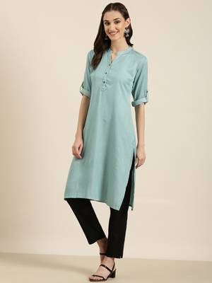 women's knee length mandarin collar turquoise blue solid straight kurta 4
