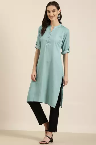 women's knee length mandarin collar turquoise blue solid straight kurta