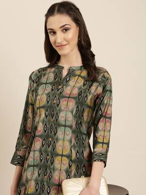 women's calf length mandarin collar olive geometric a-line kurta 1