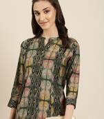 women's calf length mandarin collar olive geometric a-line kurta