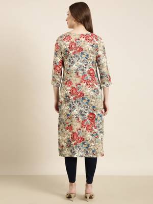 women's calf length round neck beige floral straight kurta 4