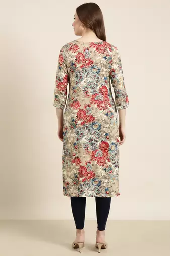 women's calf length round neck beige floral straight kurta