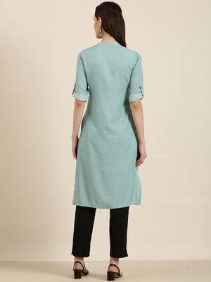 women's knee length mandarin collar turquoise blue solid straight kurta 5