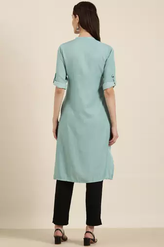 women's knee length mandarin collar turquoise blue solid straight kurta