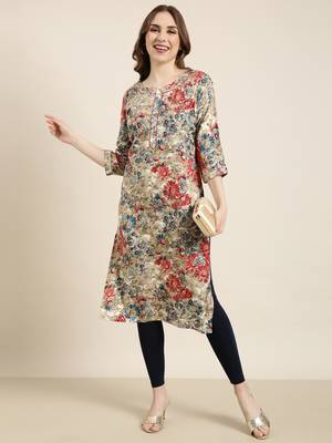 women's calf length round neck beige floral straight kurta 5