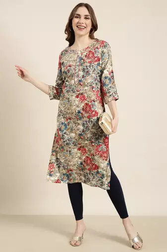women's calf length round neck beige floral straight kurta