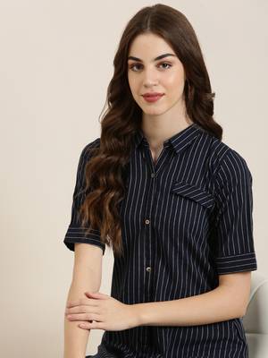 Showoff women's calf length shirt collar navy blue striped straight kurta 2
