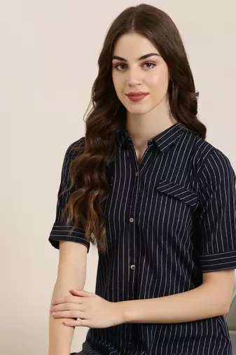 Showoff women's calf length shirt collar navy blue striped straight kurta