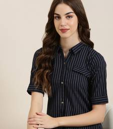 Showoff women's calf length shirt collar navy blue striped straight kurta