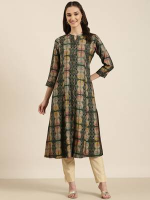 women's calf length mandarin collar olive geometric a-line kurta 2